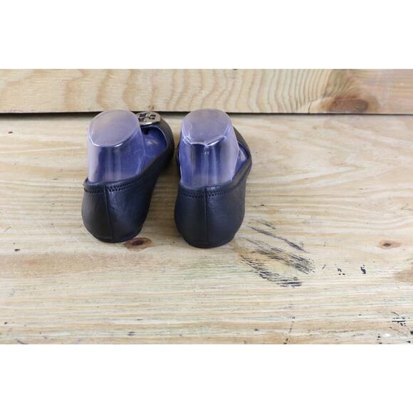 Tory Burch Shoes Women 8M Reva Black Leather Gold Color Logo Ballet Flats - Picture 3 of 9